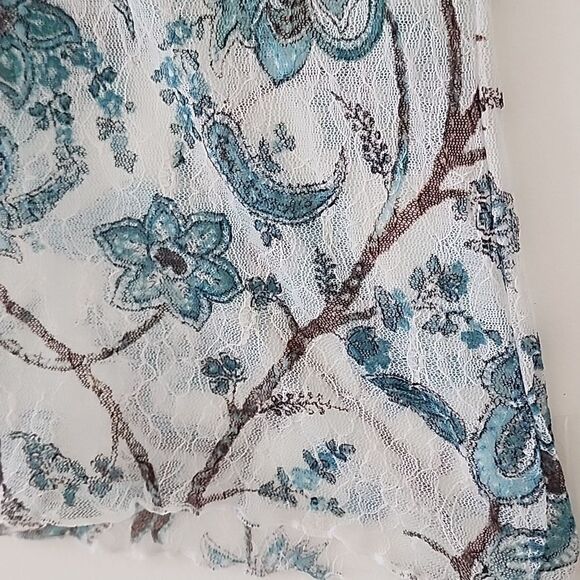 Y2K 90's Blue Floral Semi Sheer Mesh Tulle Beige Lace Trim Fitted Henley Top S E - Picture 6 of 10